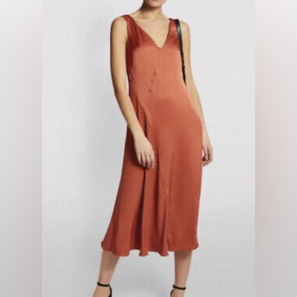 All Saints Ageta Slip Satin Dress in Rust color, S